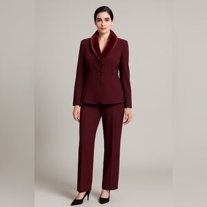 Danny & Nicole Burgundy Pant Suit Faux Fur Collar Blazer Size 12/14